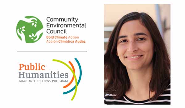 A picture of a woman with dark brown hair next to logos for the IHC's graduate fellows program and the community environmental council